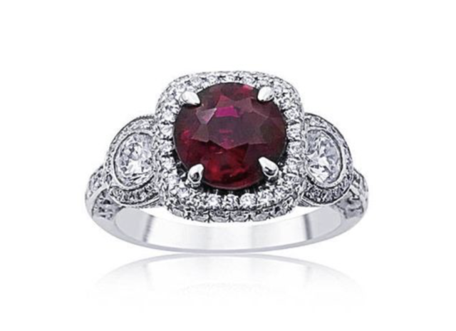 JB Star Platinum Ring, Featuring a 2.07ct Round Ruby, Accented with 118 Round Diamonds =1.50cts Total Weight