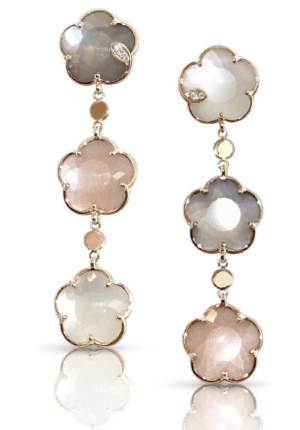 Pasquale Bruni 18K Rose Gold Bouquet Lunaire Dangle Earrings, Featuring 12MM Flower Shaped Grey Moonstones, White Moonstones and Pink Moonstones, Accented with 6 Round Diamonds =.06ctw