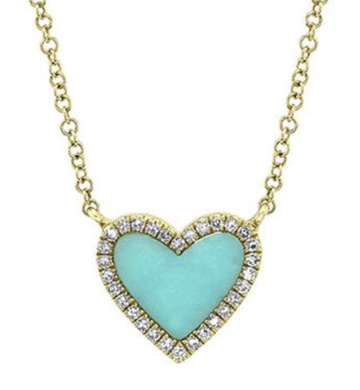 Shy Creation 14K Yellow Gold Heart Necklace, Featuring Turqoise =.55ctw and 30 Round Diamonds =.09ctw, I Color, SI Clarity 