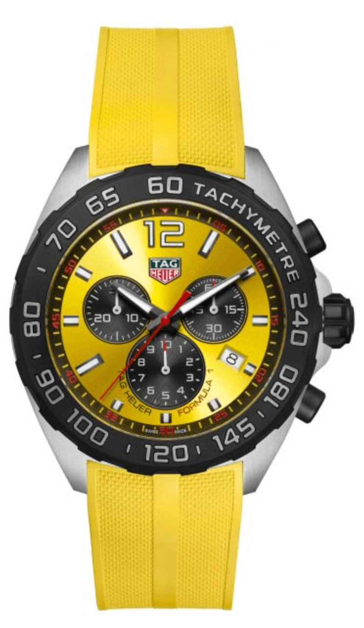 Tag Heuer Formula 1 Chronograph 43MM Steel Watch, with a Black Bezel, Yellow Dial, Yellow Rubber Strap and Quartz Movement