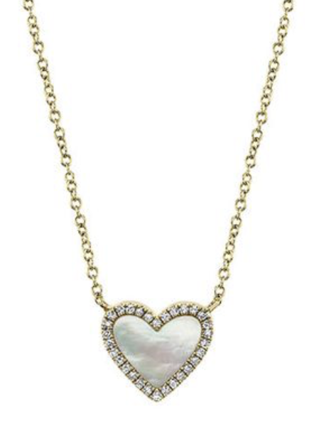 Shy Creation 14K Yellow Gold Heart Necklace, Featuring Mother of Pearl =.56ctw and 30 Round Diamonds =.09ctw, I Color, SI Clarity