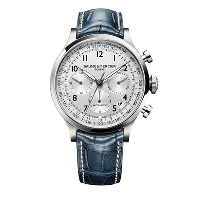 Baume & Mercier Capeland extra large watch, fashioned in stainless steel, featuring a chronograph, silver dial, blue alligator strap and automatic movement. | Alson Jewelers