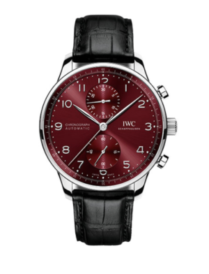 IWC Portugieser Chronograph 41MM Steel Watch, with a Red Dial, Black Alligator Strap and Automatic Movement with 46 Hours Power Reserve | Alson Jewelers