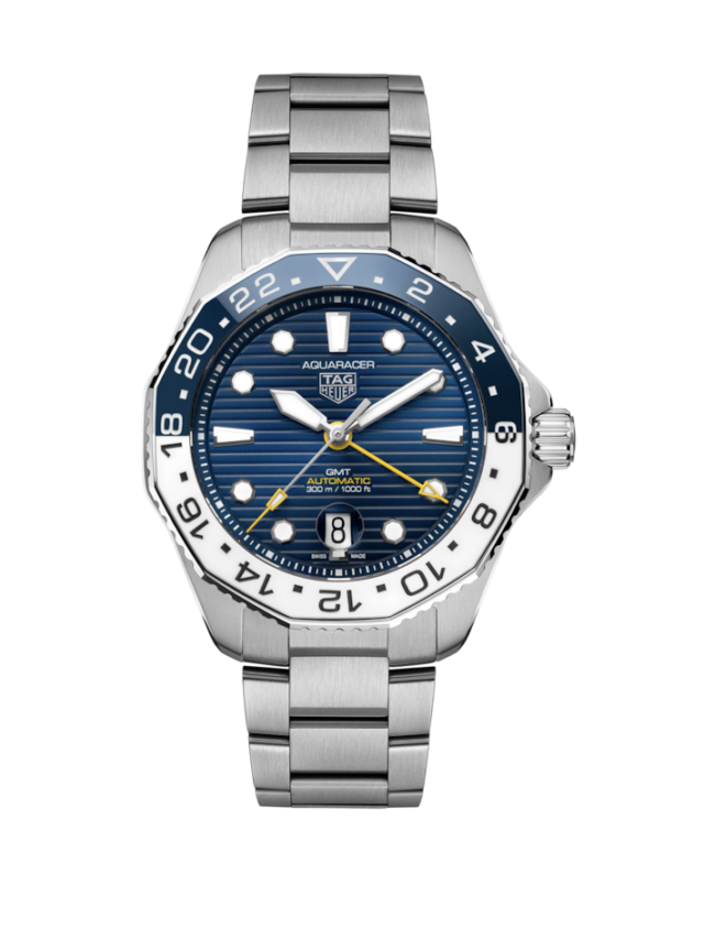 Tag Heuer Aquaracer GMT 43MM Steel Watch, with a Blue and White Bezel, Blue Dial and Automatic Movement | Alson Jewelers