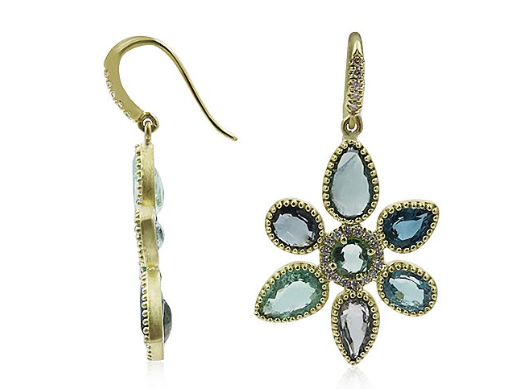 Lauren K 18K Yellow Gold Flower Earrings, Featuring 14 Green Tourmalines =12.04ctw, Accented with Round Diamonds =.29ctw | Alson Jewelers