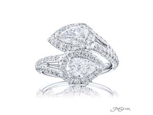 a JB Star Platinum Bypass Ring, Featuring a .70ct Pear Shaped Diamond, D Color, VS1 Clarity, GIA Certified, .72ct Pear Shaped Diamond, D Color, VS2 Clarity, GIA Certifed, Accented with 2 Tapered Baguette Diamonds =.19ctw and 80 Round Diamonds =.85ctw, G Color, VS Clarity