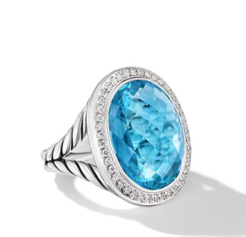 a sterling silver and blue topaz David Yurman ring with diamonds around the center gemstone