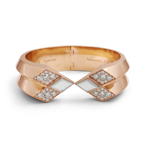 NEFERTITI by Nadine Barbey 18K Rose Gold Jumbo Moonstone & Diamond Double Ridge Cuff Bangle Bracelet