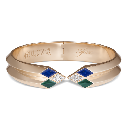 NEFERTITI by Nadine Barbey 18K Rose Gold Double Ridge Malachite, Lapis & Diamond Cuff Bangle Bracelet