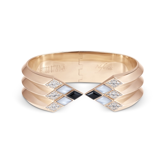 NEFERTITI by Nadine Barbey 18K Rose Gold 6 Faces Diamond, Moonstone & Onyx Triple Ridge Cuff Bangle Bracelet