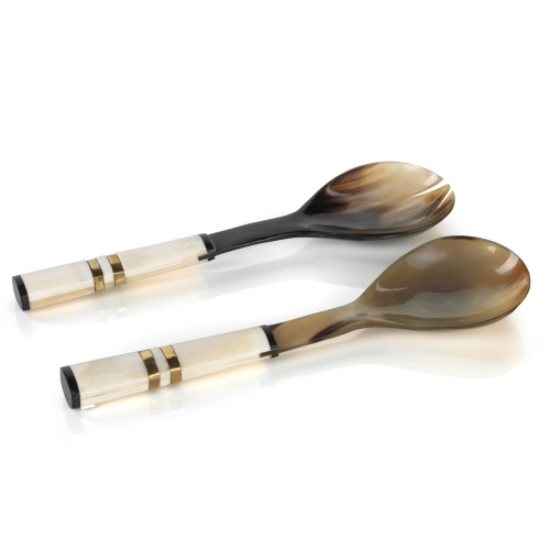 Cote D'Ivoire Salad Server Set in Variegated Horn with White Bone Handle